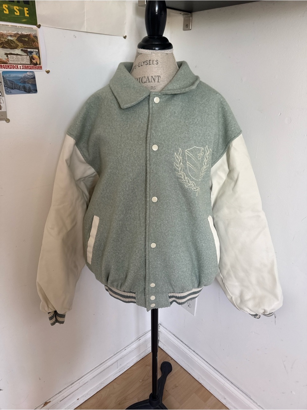 Men's Sage Green and Cream Varsity Bomber Jacket